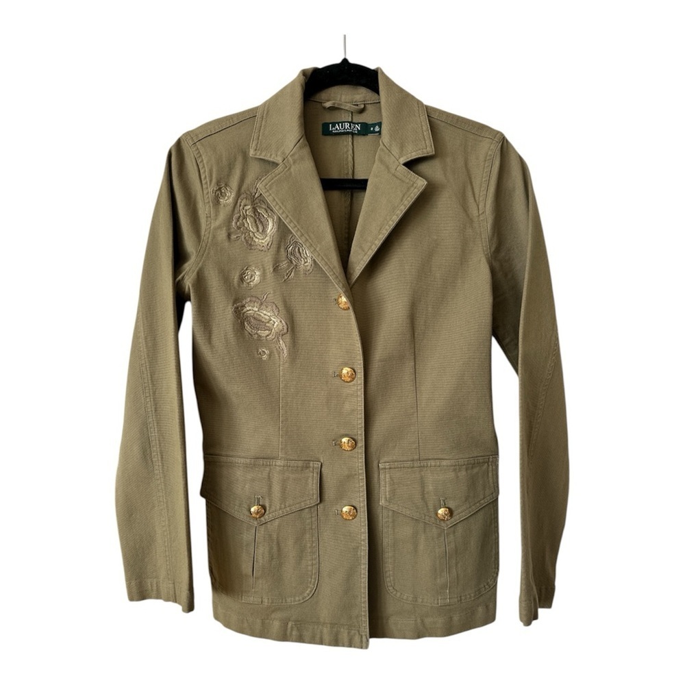 Lauren Ralph Lauren Green Military Embroidered Blazer Jacket Gold Buttons size 2